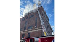 A Boston Fire Department tower ladder is deployed after a pipe ruptured at a downtown steam plant on Friday, Oct. 15, 2021. A Boston Fire Department tower ladder is deployed after a pipe ruptured at a downtown steam plant on Friday, Oct. 15, 2021.