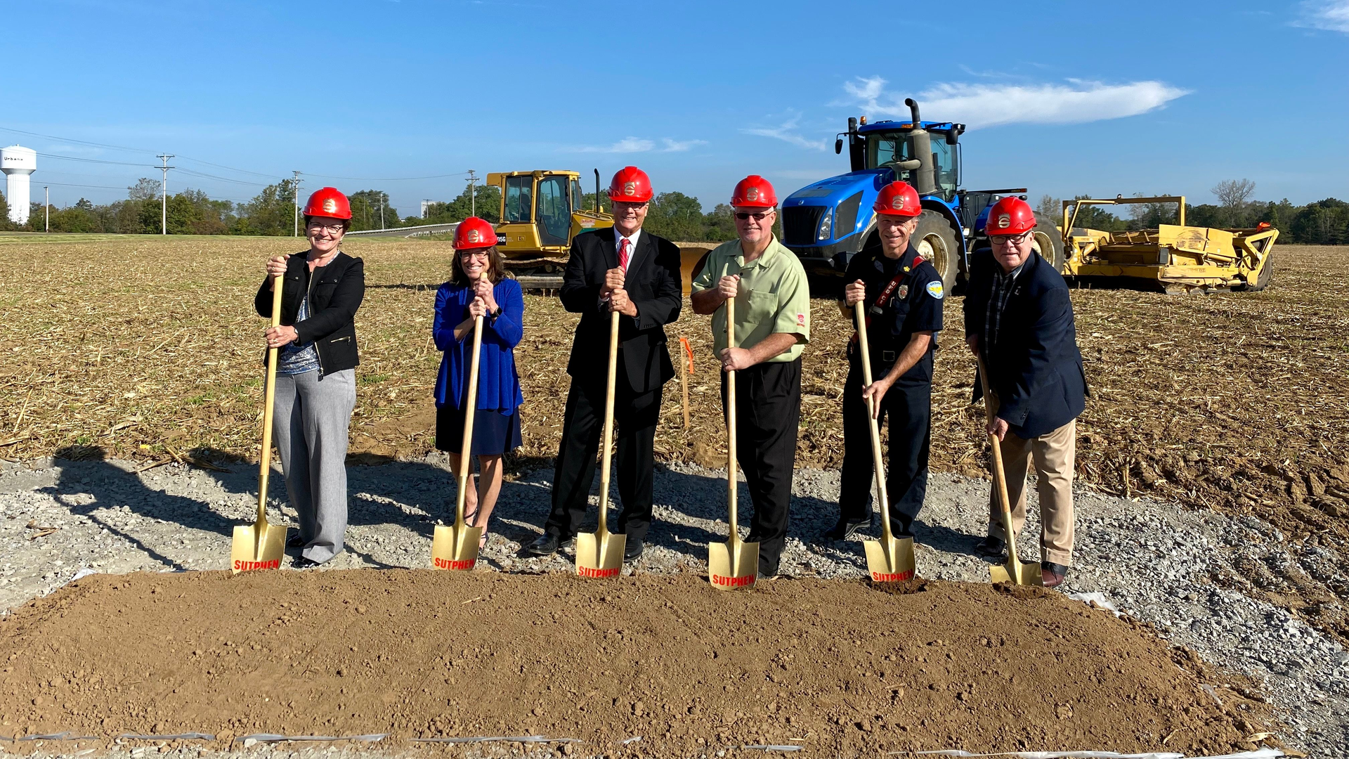 From left to right, CEP Director Marcia Bailey; Sutphen Corporation Vice President Julie Sutphen Phelps; Sutphen Corporation President Drew Sutphen; Sutphen Urbana General Manager Todd Winnenberg; Urbana Fire Chief Dean Ortlieb; Urbana Mayor Bill Bean.