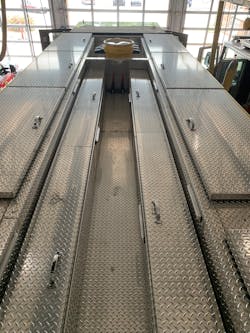 Rooftop storage, such as what’s included on the Cincinnati Fire Department’s Rescue 9, works well for storing lightweight items and bulk hazmat equipment. The latter includes suits, decontamination equipment, leak kits, pads and booms. Rooftop storage, such as what’s included on the Cincinnati Fire Department’s Rescue 9, works well for storing lightweight items and bulk hazmat equipment. The latter includes suits, decontamination equipment, leak kits, pads and booms.