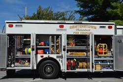 The Reisterstown, MD, Volunteer Fire Company&rsquo;s Squad 414 is a Seagrave chassis with bodywork that was built by Rescue One. Note the compressed air foam system that&rsquo;s in the forward compartment along with slide-out tool boards that are utilized to mount battery-powered hand tools.