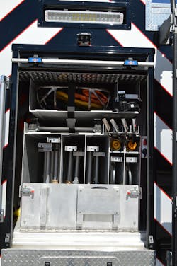 The Reisterstown Squad carries an assortment of ground ladders, including two 24-foot extension ladder, one 35-foot extension ladder, two 16-foot roof ladders and several utility ladders, to support fireground operations. The Reisterstown Squad carries an assortment of ground ladders, including two 24-foot extension ladder, one 35-foot extension ladder, two 16-foot roof ladders and several utility ladders, to support fireground operations.