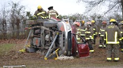 Having completed a stabilization scenario that found the side of the vehicle “obstructed,” members of a rescue team carry out other technician-level tasks that are included in “Technician-Level Hands-On Skills Checklist for a Roof-Resting Passenger Vehicle.” Having completed a stabilization scenario that found the side of the vehicle “obstructed,” members of a rescue team carry out other technician-level tasks that are included in “Technician-Level Hands-On Skills Checklist for a Roof-Resting Passenger Vehicle.”