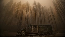 Burned trees rise above a truck destroyed by the Dixie Fire in Greenville, CA, in August 2021. Burned trees rise above a truck destroyed by the Dixie Fire in Greenville, CA, in August 2021.