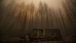 Burned trees rise above a truck destroyed by the Dixie Fire in Greenville, CA, in August 2021.