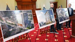 Quincy, MA, Mayor Thomas Koch and developers Joey Arcari and Sam Slater on Thursday announced three new large buildings on Hancock Street. Quincy, MA, Mayor Thomas Koch and developers Joey Arcari and Sam Slater on Thursday announced three new large buildings on Hancock Street.
