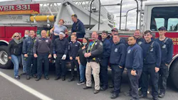 Cetronia firefighters celebrate the release of Andrew Kloss from Lehigh Valley Hospital-Cedar Crest on Friday. Cetronia firefighters celebrate the release of Andrew Kloss from Lehigh Valley Hospital-Cedar Crest on Friday.