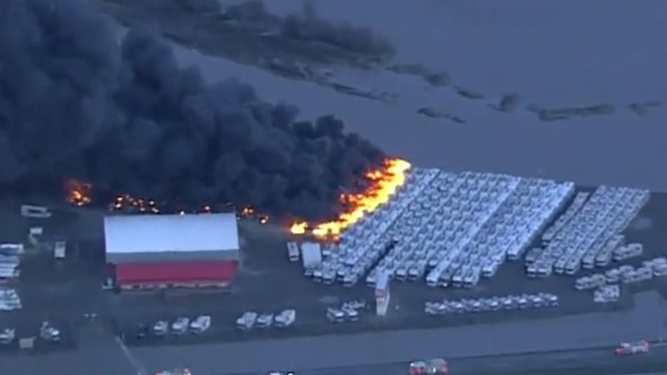 Around 100 RVs were destroyed by fire at an Abbotsford, B.C., dealership on Wednesday, Nov. 17, 2021.