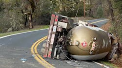 An overturned tanker leaking propane that caused a highway closure in Mendocino County, CA.