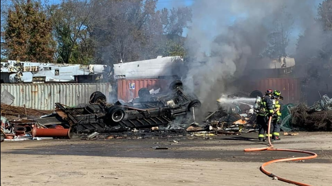 Firefighters extinguish what remains after an explosion at the Hardeeville Industrial Center on Wednesday, Nov. 17, 2021.