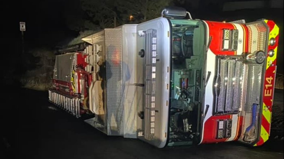 A Kootenai County engine company rolled on its side, injuring three firefighters on Nov. 22, 2021.
