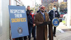 A Stewart Air National Guard Base firefighter speaks at a press conference announcing passage of a law granting disability benefits to state-employed firefighters. A Stewart Air National Guard Base firefighter speaks at a press conference announcing passage of a law granting disability benefits to state-employed firefighters.