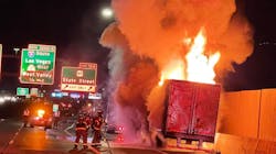 Firefighters work to extinguish a semi fire on Interstate 80 in Salt Lake City on Thursday, Nov. 11, 2021. Firefighters work to extinguish a semi fire on Interstate 80 in Salt Lake City on Thursday, Nov. 11, 2021.