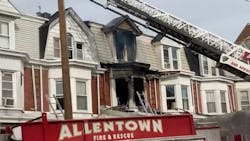 A fire at a three-story residence smolders in Allentown, PA, on Thursday, Nov. 11, 2021. A fire at a three-story residence smolders in Allentown, PA, on Thursday, Nov. 11, 2021.