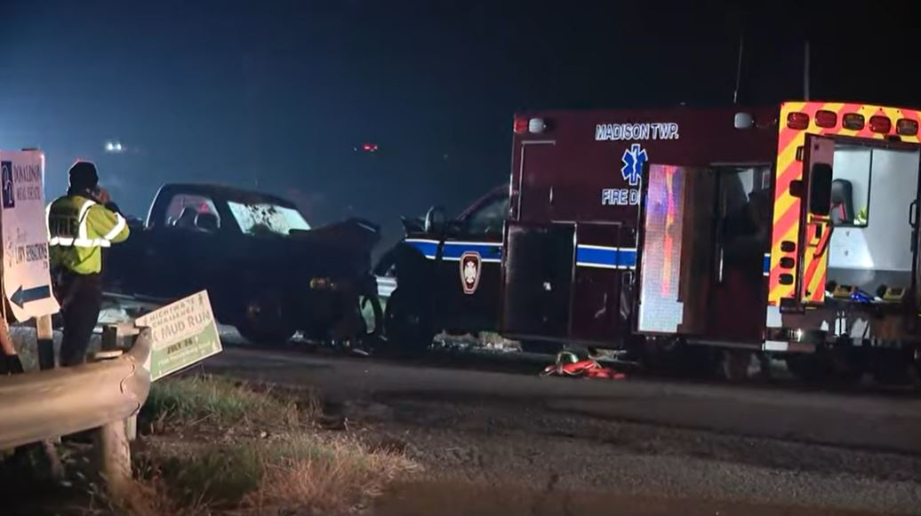 The aftermath of a head-on crash near Newark, OH, that seriously injured a fire medic on Wednesday, Nov. 10, 2021.
