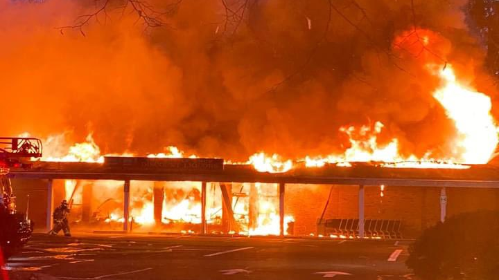 A shopping plaza in Longmeadow, MA, engulfed in flames on Tuesday, Nov. 23, 2021.