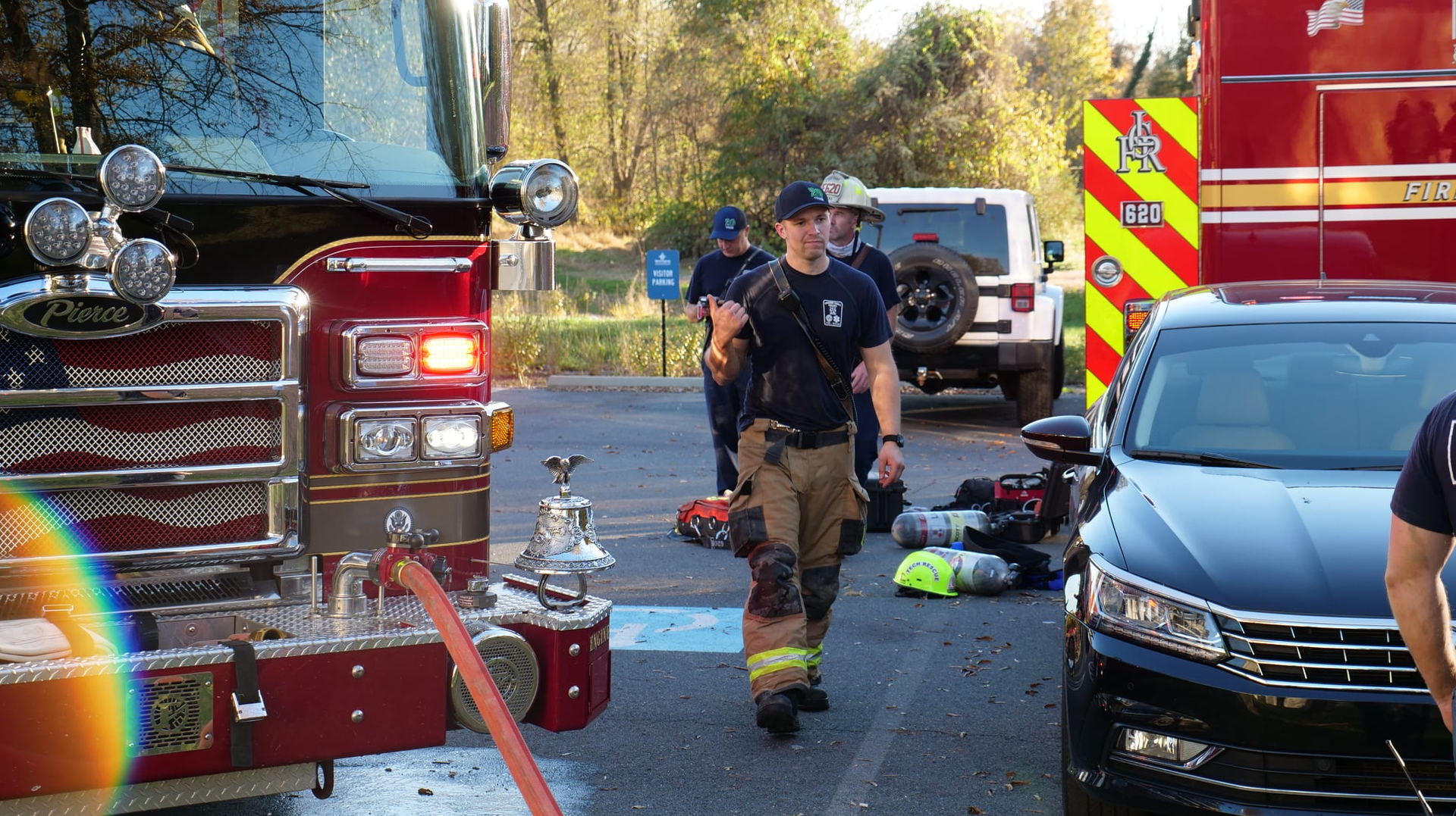 Loudon County firefighters on scene during a confined space rescue of two adolescents who were stuck in a storm water pipe in Leesburg, VA, on Tuesday, Nov. 9, 2021.