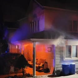 Smoke can be seen rising from a home during a reported basement fire that injured a firefighter in Valley Cottage, NY, on Monday, Nov. 1, 2021. Smoke can be seen rising from a home during a reported basement fire that injured a firefighter in Valley Cottage, NY, on Monday, Nov. 1, 2021.