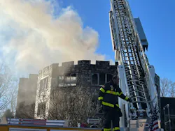 Firefighters battled a three-alarm fire in a 36,800-square-foot French chateau-style estate in Salisbury Township on Nov. 16. Firefighters battled a three-alarm fire in a 36,800-square-foot French chateau-style estate in Salisbury Township on Nov. 16.