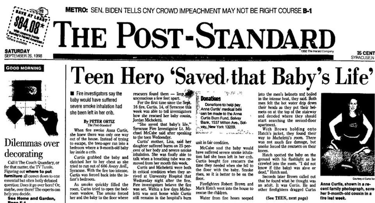 A newspaper clipping from the 1989 fire in which firefighters praised Anna Curtis for helping save a toddle.