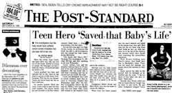 A newspaper clipping from the 1989 fire in which firefighters praised Anna Curtis for helping save a toddle.