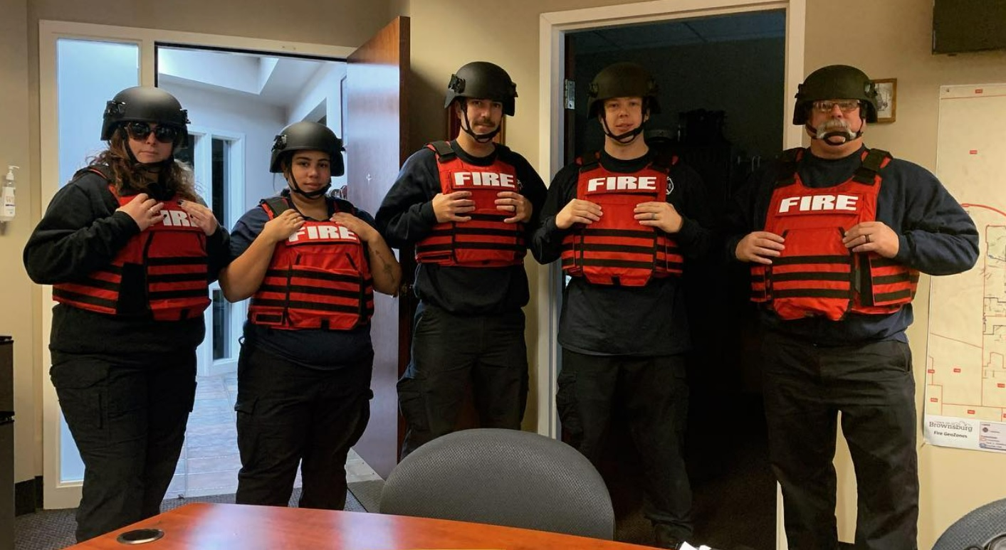 Brownsburg Fire Territory personnel display new safety equipment.
