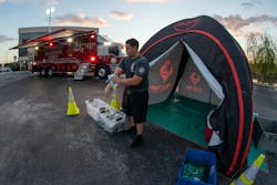On-scene shelters can be set up to provide firefighters with a place of privacy to remove contaminants from their skin, including hard-to-reach places on their body. On-scene shelters can be set up to provide firefighters with a place of privacy to remove contaminants from their skin, including hard-to-reach places on their body.