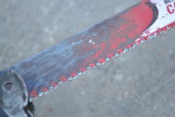 The 8-tpi, 9-inch Diablo blade showed significant tooth damage and tooth loss after successfully cutting through the vehicle’s B-pillar. The 8-tpi, 9-inch Diablo blade showed significant tooth damage and tooth loss after successfully cutting through the vehicle’s B-pillar.