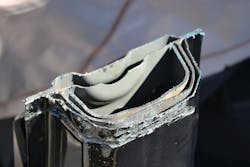 This cross section of the B-pillar of the Chevrolet Cruze shows that multiple layers of UHSS had to be cut through. This cross section of the B-pillar of the Chevrolet Cruze shows that multiple layers of UHSS had to be cut through.
