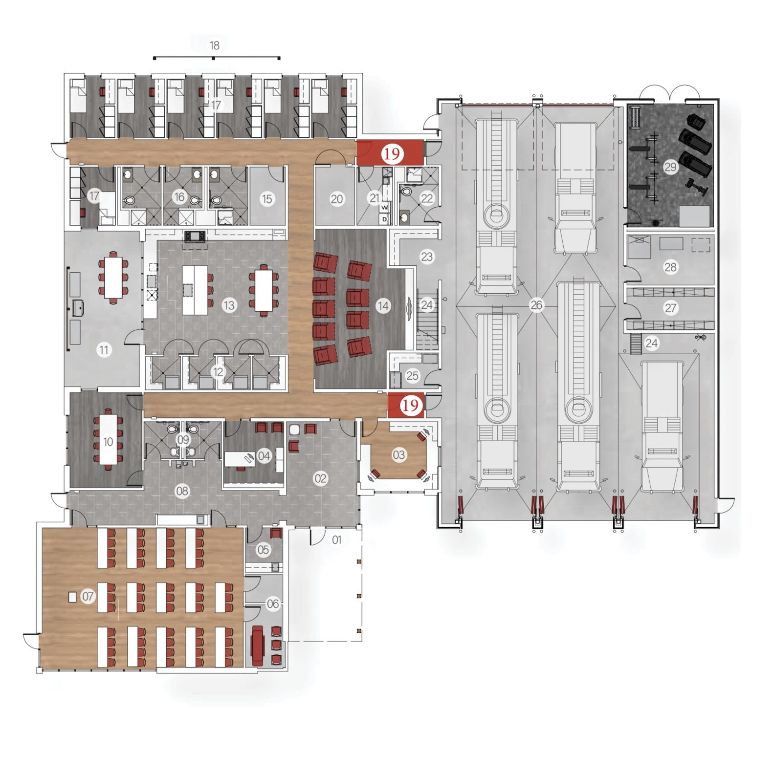 Air locks, which are designated by the number &ldquo;19,&rdquo; minimize air flow to the private area of the firehouse from the apparatus floor. The airlocks&rsquo; double-door configuration contributes to station security when the doors are equipped with a locking mechanism.