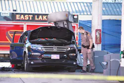 A law enforcement official at the Palm Harbor gas station where a woman was killed in a fire after a gas pump was knocked over.