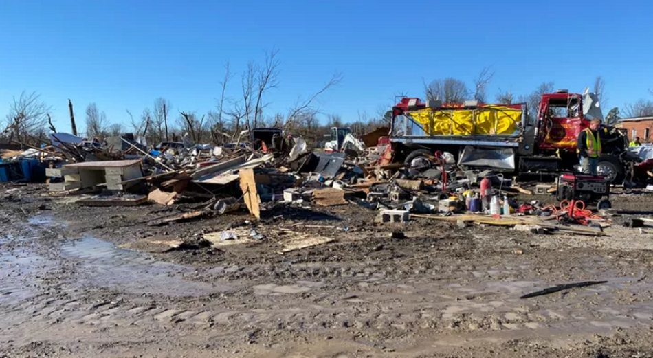 The remains of Mayfield Graves Fire-Rescue Squad's station and equipment following the tornado Friday.