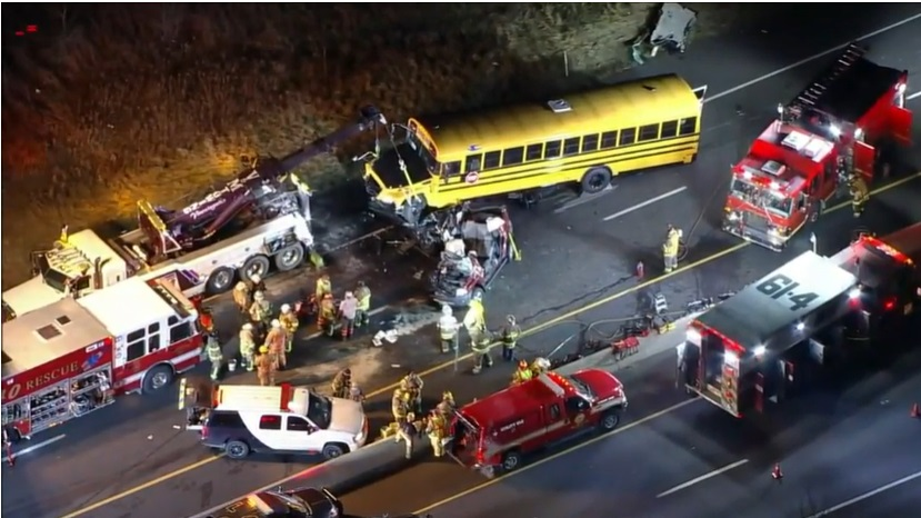 Two people are dead after two accidents involving a school bus and tractor-trailers in Berks County on Dec. 15, 2021.