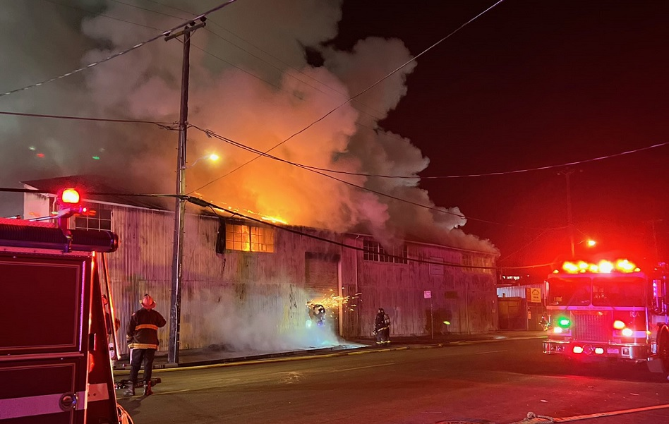Fire burned through a vacant San Francisco warehouse Saturday morning.