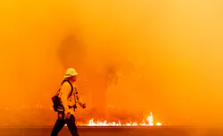A firefighter walks past a wall of fire during the LNU Lightning Complex Fire in Fairfield, CA, in August 2020.