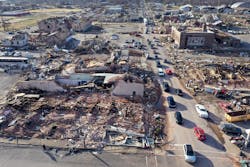 An aerial view shows the destruction Mayfield, Kentucky. An aerial view shows the destruction Mayfield, Kentucky.