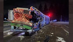A Metro bus sustained significant damage after being struck by a dump truck in Renton. A Metro bus sustained significant damage after being struck by a dump truck in Renton.