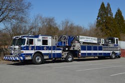 Manheim Township, PA, Fire Rescue (MTFR) Truck 204 is a 2017 Pierce Arrow XT 100-foot tractor-drawn ladder that provides both truck and rescue company service. It carries 446 feet of ground ladders. Note the extension and roof ladders that are mounted outboard on each side of the trailer.