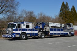 Manheim Township, PA, Fire Rescue (MTFR) Truck 204 is a 2017 Pierce Arrow XT 100-foot tractor-drawn ladder that provides both truck and rescue company service. It carries 446 feet of ground ladders. Note the extension and roof ladders that are mounted outboard on each side of the trailer. Manheim Township, PA, Fire Rescue (MTFR) Truck 204 is a 2017 Pierce Arrow XT 100-foot tractor-drawn ladder that provides both truck and rescue company service. It carries 446 feet of ground ladders. Note the extension and roof ladders that are mounted outboard on each side of the trailer.
