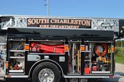 The SCFD&rsquo;s Truck 664 is a 2018 Sutphen Monarch SL-70 midship quint. It carries a range of equipment, including a standpipe rack, hydraulic rescue tools and tool boards for forcible entry tools.