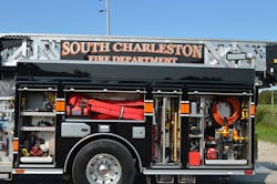 The SCFD’s Truck 664 is a 2018 Sutphen Monarch SL-70 midship quint. It carries a range of equipment, including a standpipe rack, hydraulic rescue tools and tool boards for forcible entry tools. The SCFD’s Truck 664 is a 2018 Sutphen Monarch SL-70 midship quint. It carries a range of equipment, including a standpipe rack, hydraulic rescue tools and tool boards for forcible entry tools.