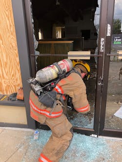 Resist the urge to blow out storefront glass. Doing so makes things more complicated for everyone on the fireground, including eliminating the ability to control the flow path of fresh air that enters the structure. Resist the urge to blow out storefront glass. Doing so makes things more complicated for everyone on the fireground, including eliminating the ability to control the flow path of fresh air that enters the structure.