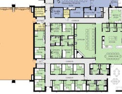 This design supports security via limited access between the public, private and bunkroom cores. For example, direct access to the multipurpose room from the entry area and the secured vestibule inhibit inadvertent circulation. This design supports security via limited access between the public, private and bunkroom cores. For example, direct access to the multipurpose room from the entry area and the secured vestibule inhibit inadvertent circulation.