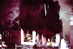 When reading smoke, one must remember that availability of oxygen affects smoke’s color. The gray-yellow smoke at right indicates a deficiency of oxygen. When reading smoke, one must remember that availability of oxygen affects smoke’s color. The gray-yellow smoke at right indicates a deficiency of oxygen.