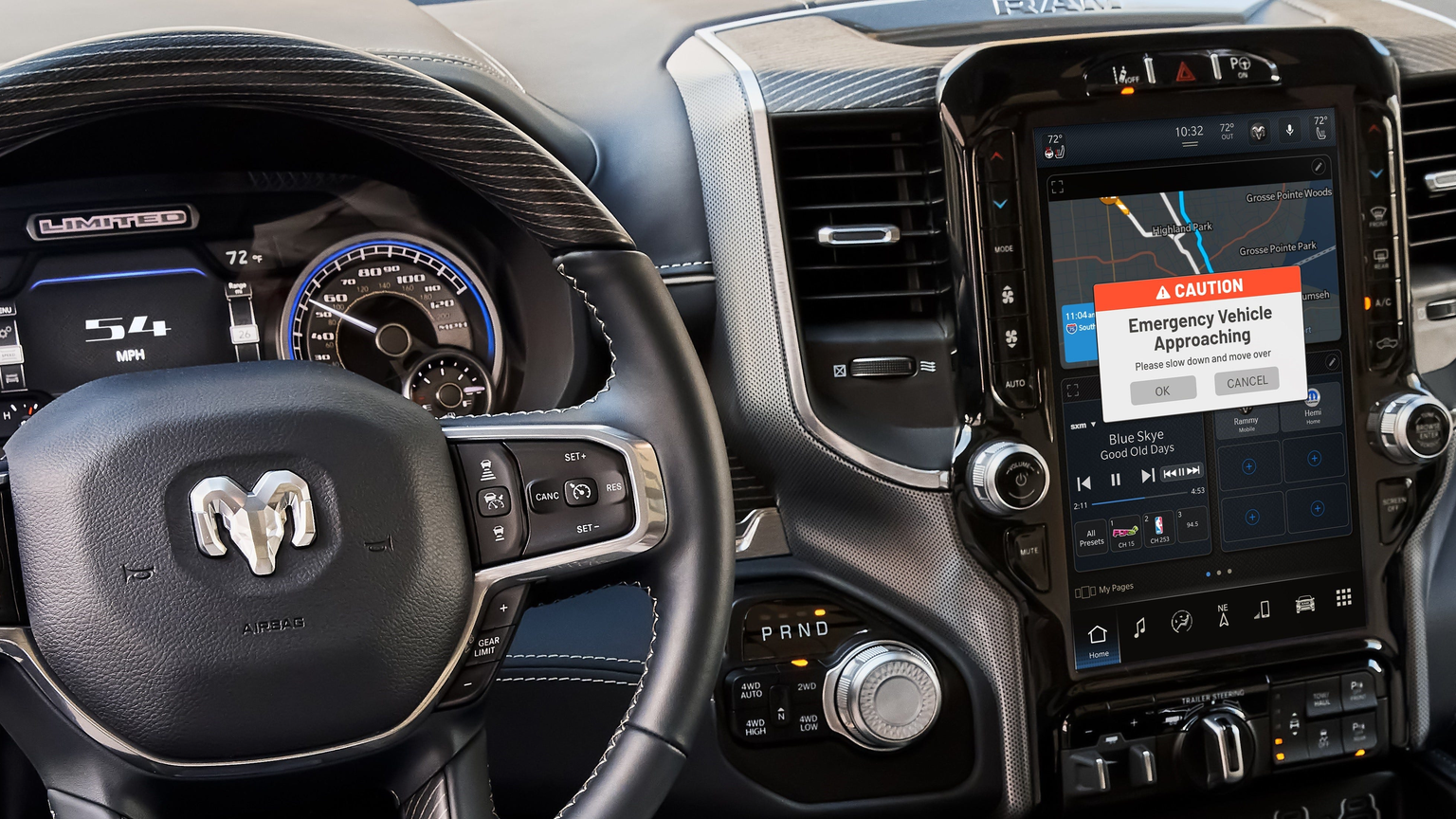 The display inside this RAM pickup displays a safety cloud alert about an approaching emergency vehicle.