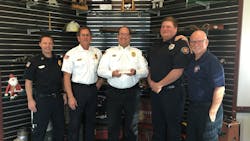 Platteville Gilcrest staff includes EMS Chief/Public Information Officer Matt Concialdi (left to right), Training Division Chief Herb George, Fire Chief Dan Durkee, SCBA project manager Lt. Ben Krapes, and Executive Leadership Coach Jep Enck. Platteville Gilcrest staff includes EMS Chief/Public Information Officer Matt Concialdi (left to right), Training Division Chief Herb George, Fire Chief Dan Durkee, SCBA project manager Lt. Ben Krapes, and Executive Leadership Coach Jep Enck.