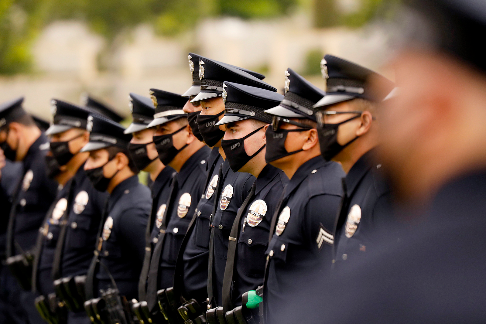 LAPD officers attend the funeral of LAPD Officer Valentin Martinez, the agency&rsquo;s first sworn employee to die of complications from COVID-19, in August 2020. The Omicron variant is now causing a fresh wave of infections within the department. ()