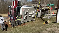 Three Crowders Mountain firefighters were hospitalized after their pumper overturned south of Gastonia.