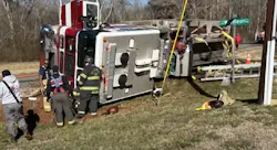 Three Crowders Mountain firefighters were hospitalized after their pumper overturned south of Gastonia.