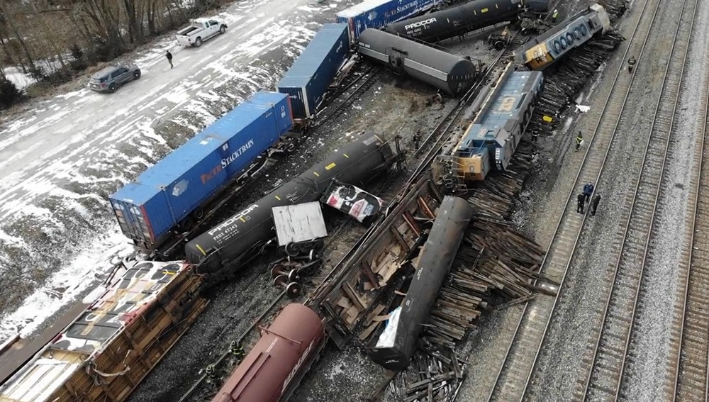 Crews assess the aftermath of a train derailment in Avon.