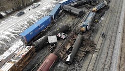 Crews assess the aftermath of a train derailment in Avon. Crews assess the aftermath of a train derailment in Avon.